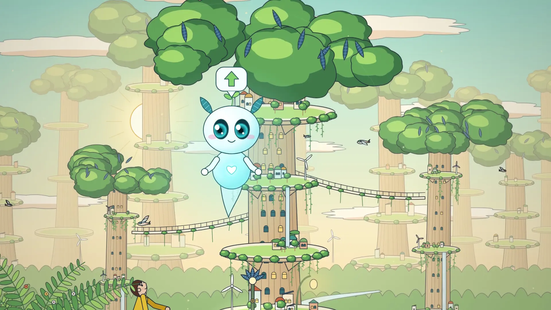 Title card of the music video The Magic of AI, over a solarpunk landscape